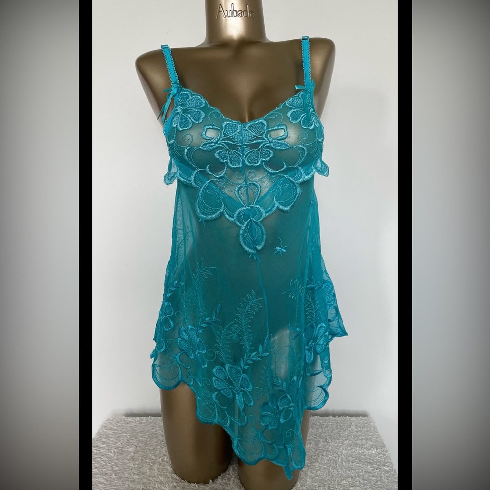 Aubade Teal Floral Embroidered Sheer Chemise